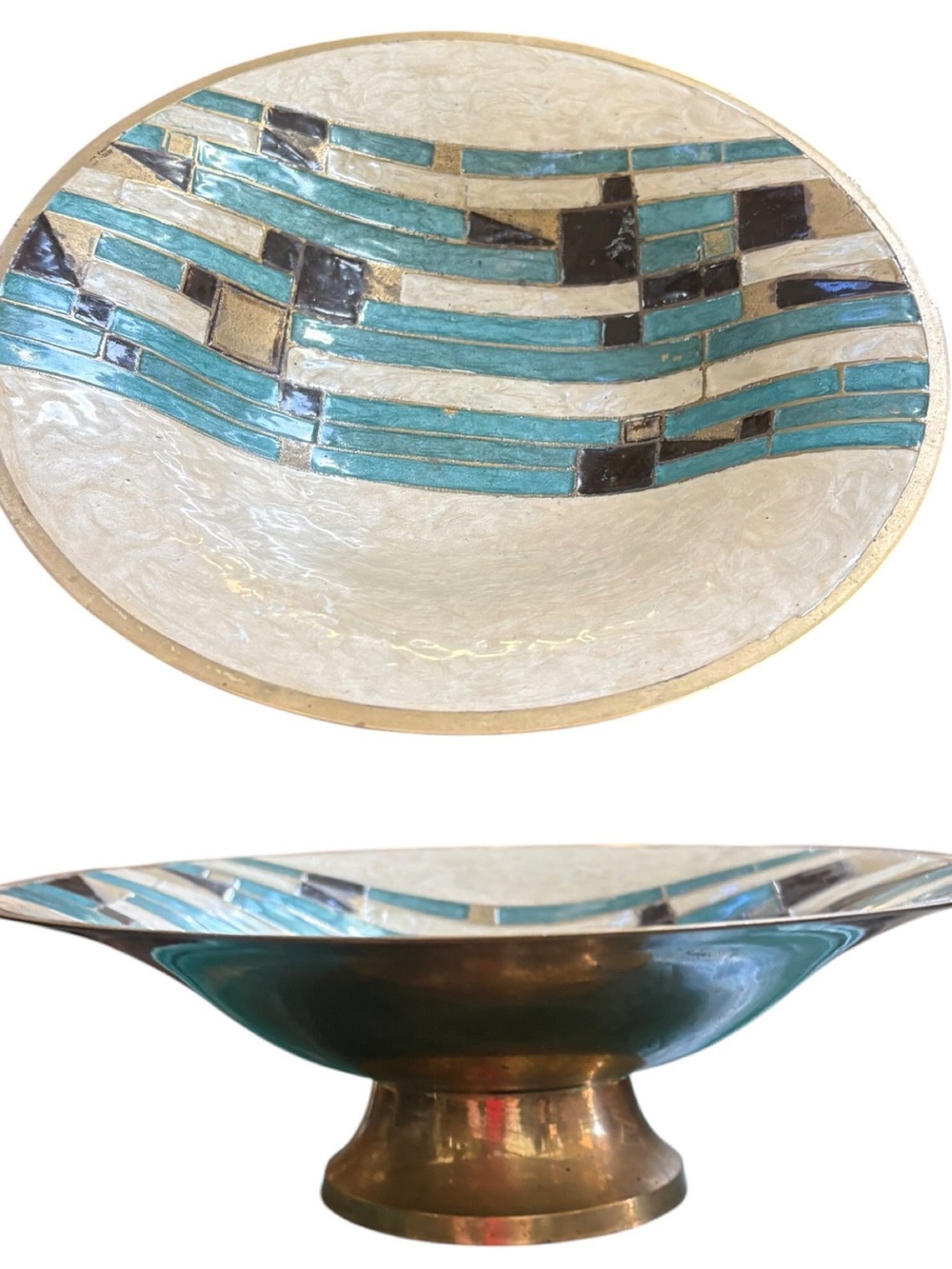 Vintage Brass Enamel  Turquoise Ivory Pedestal Bowl 9"